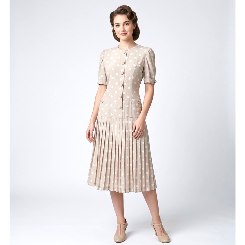 Talbots Dress Sandstone Dots Dropwaist Pleated Midi Button Front Pockets Tan 16